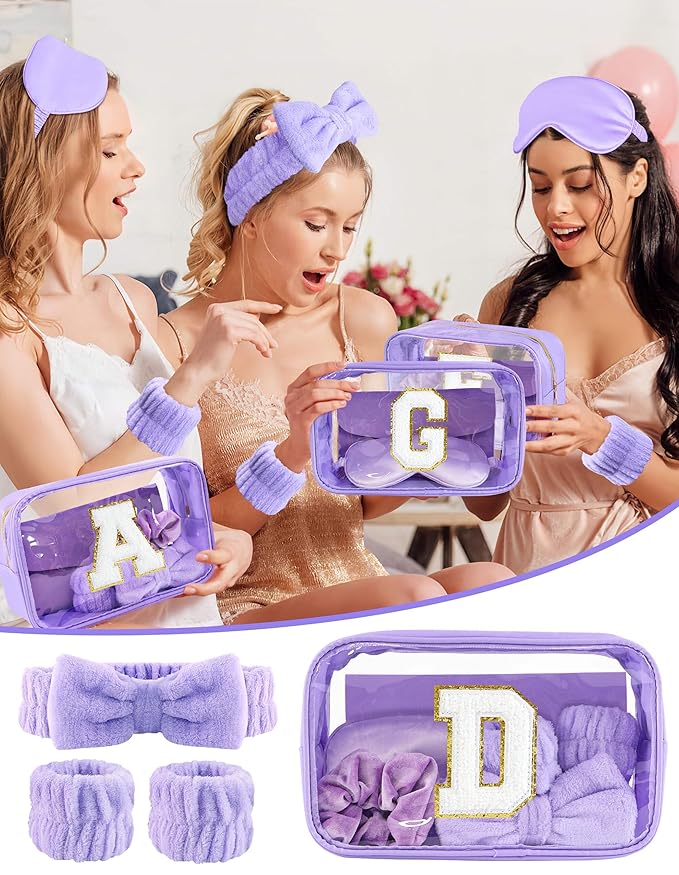 Gift Sets for Women, Initial Makeup Bag with Makeup Brush Set Bachelorette Party Favors, Purple Spa Kit with Skincare Headbands Wrist Bands Sleepover Party Supplies Gifts for Teen Girls Bridesmaid D