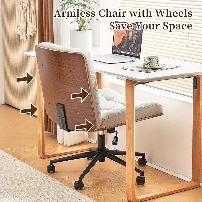 Furnimart Heavy-Duty FSC Wooden Wide Desk Chair, 360° Swivel Criss Cross Office Chair with Wheels, Comfy Cross Legged Sitting, Armless Rolling Chair for Bedroom, Office, Vanity (Linen Beige)