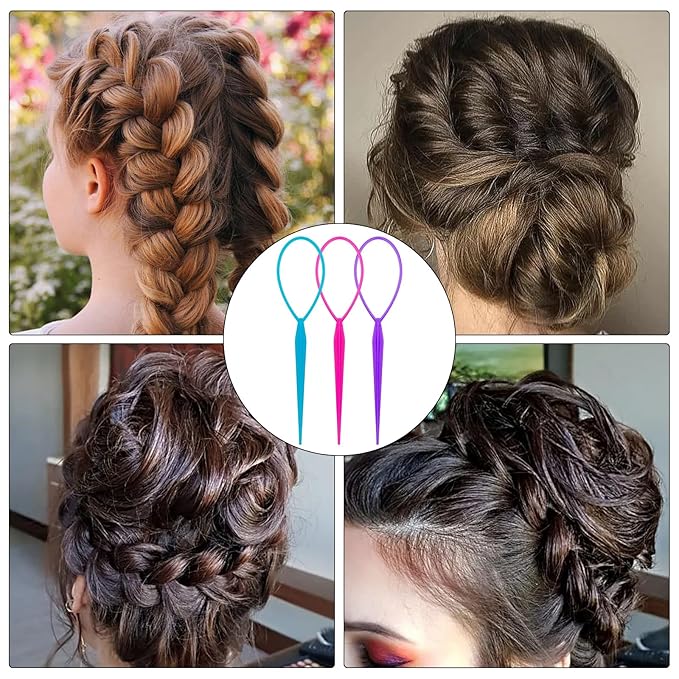 12 PCS Topsy Tail Hair Tool, 6 Colors Hair Loop Styling Tool Set Hairs Pull Through Tools in Large and Small, Ponytail Makers French Braid Loop Braiding Tools for Women and Girls
