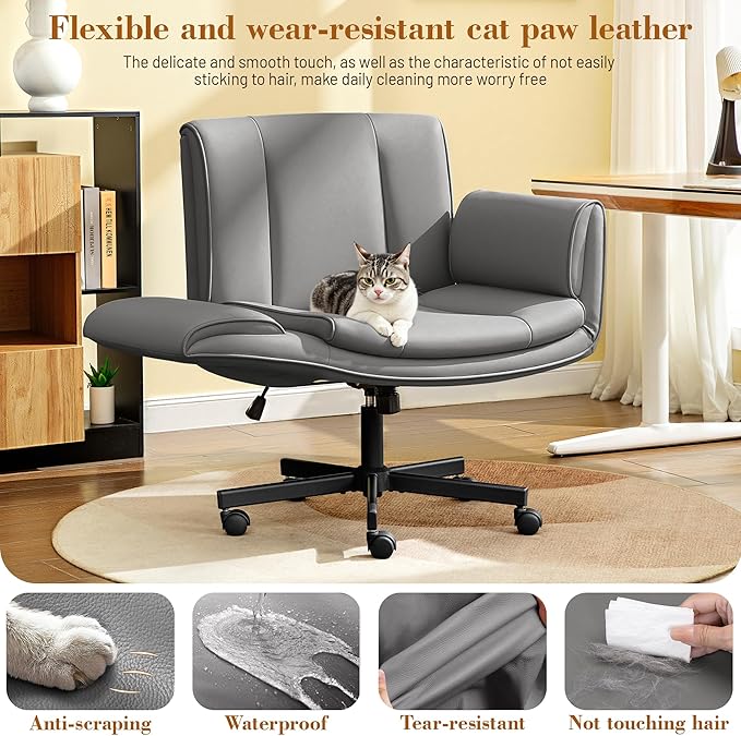 Criss Cross Chair with Wheels & Armrests,Comfy Wide Vanity Chair,Scratch-Resistant Pu Leather Cross Legged Desk Chair,Height Adjustable Computer Office Desk Chairs for Home,Makeup,Bedroom