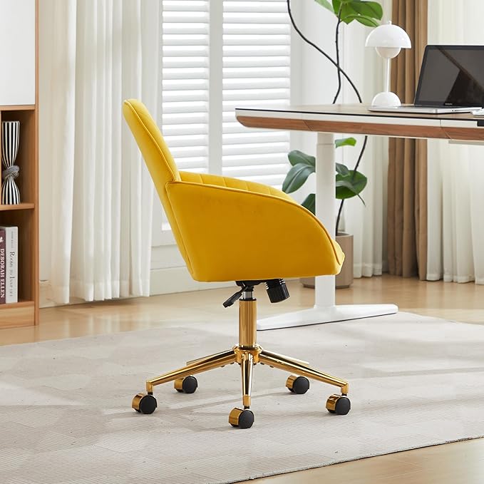 YITAI Velvet Office Desk Chair with Wheels and Gold Base,Modern Height Adjustable 360 Degree Swivel Upholstered Vanity Chairs with Arms for Living Room Bedroom, Study,Yellow