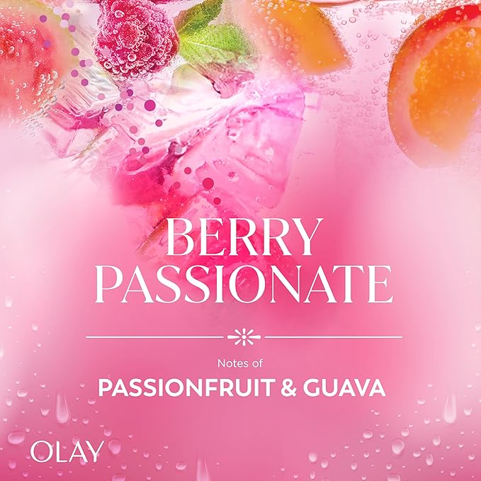 Olay Body Wash for Women, 24/7 Skin-Loving Freshness, Miami Mocktails, Plant Based Cleansers, Vitamin B3 & Antioxidant Blend, All Skin Types, Berry Passionate with Passionfruit & Guava Scent, 22 fl oz