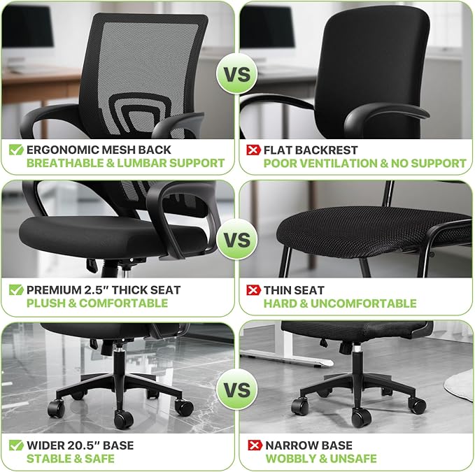 Magshion Ergonomic Office Chair 20 Pack, Mid-Back Mesh Desk Chair, Adjustable Swivel Computer Chair with Lumbar Support & Breathable Backrest for Gaming, Work, Study, 300 Lbs Capacity, Black