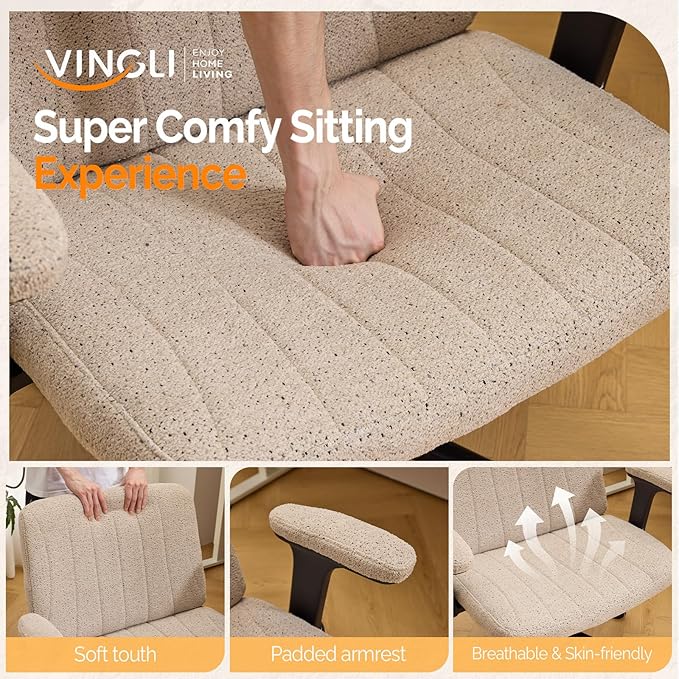 VINGLI Criss Cross Chair with Adjustable Flip-Up Arms,Cross Legged Chair with Wheels,Extra Wide Office Chair,Desk Chair for Home Office,Vanity,Bedroom, Apartment,Starry Chenille,Khaki