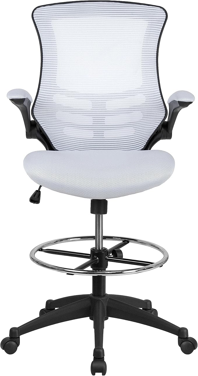 Flash Furniture Kelista Mid-Back White Mesh Ergonomic Drafting Chair | Adjustable Foot Ring, Flip-Up Arms | Comfort and Productivity