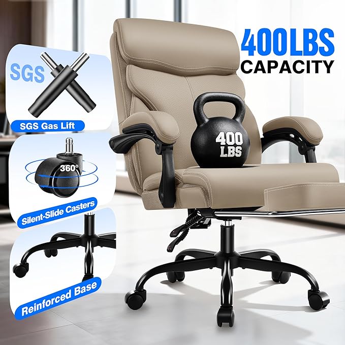 AreShark Office Chair - Ergonomic Comfortable High Back Computer Desk Chair with Foot Rest - Executive Breathable Swivel Rolling Reclining Leather Chair with Lumbar Support for Home Gaming Relaxing