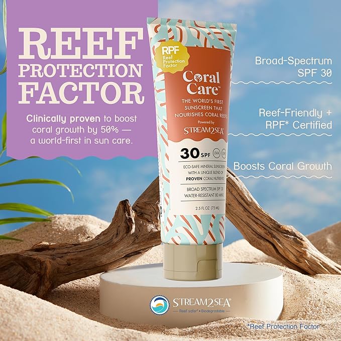Stream2Sea Coral Care - Reef Safe Sunscreen SPF 30 Travel Size - First Reef-Approved Natural Mineral Sun block Boosts Coral Growth, Water resistant, Biodegradable, Eco-Friendly - 2 Pack
