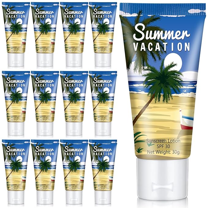 12 Pcs Mini Sunscreen Bulk for Summer Travel Size Spf 30 Water Resistant Sunscreen Lotion Bulk for Thank You Gifts Hawaiian Wedding Bridal Party Favors for Pool Wedding(Summer Vacation)