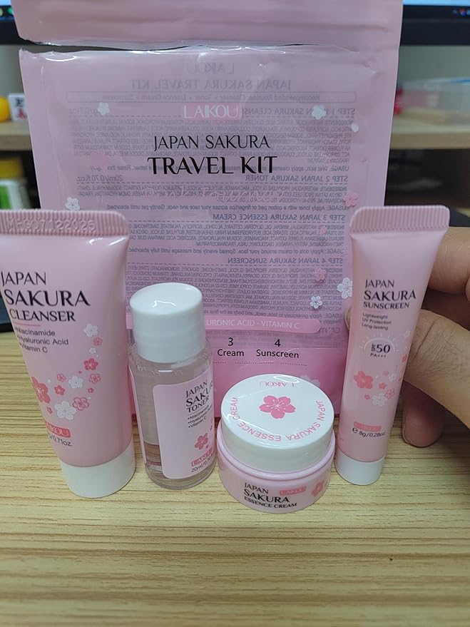 Sakura Travel Skincare Set for Teenage Girls,4 Pcs/Set Sakura Skin Care Set With Cleanser, Toner,Face Cream and Sunscreen,Travel Essentials for Women-Cleansing,Hydrating and Sun Protection