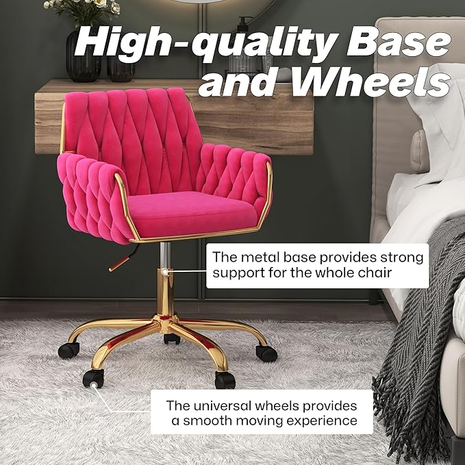 Woven 360°Swivel Desk Chair, Velvet Height Adjustable Home Office Armchair with Golden Base for Teens Women Girls, Upholstery Computer Chair for Home Studios and Office, Woven & Hot Pink