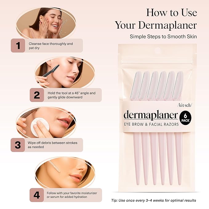 Kitsch Dermaplane Razor for Women Face – Face Razors for Women & Men, Eye Brow Razors & Face Shaver – Exfoliating Facial Razor & Dermaplaner as Skin Care Tool for Smoother Skin - Blush, 6 pcs