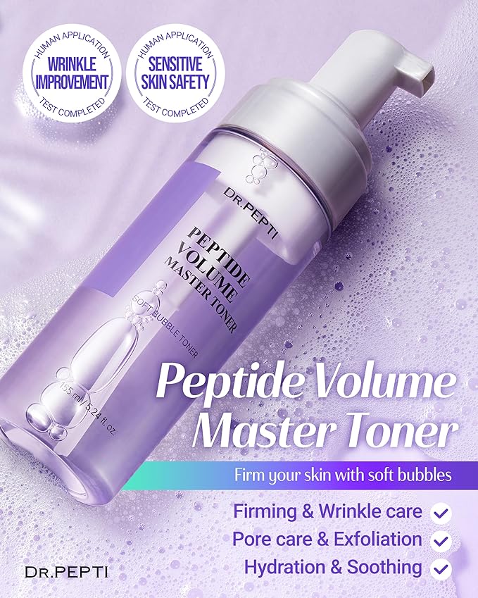 DR.PEPTI Korean Peptide Volume Master Toner for Face - 12 Peptides Bubble Formula Pore Refining Elasticity Hydrating Facial Toner with Hyaluronic Acid Collagen Centella for All Skin Types, 5.24 fl.oz.