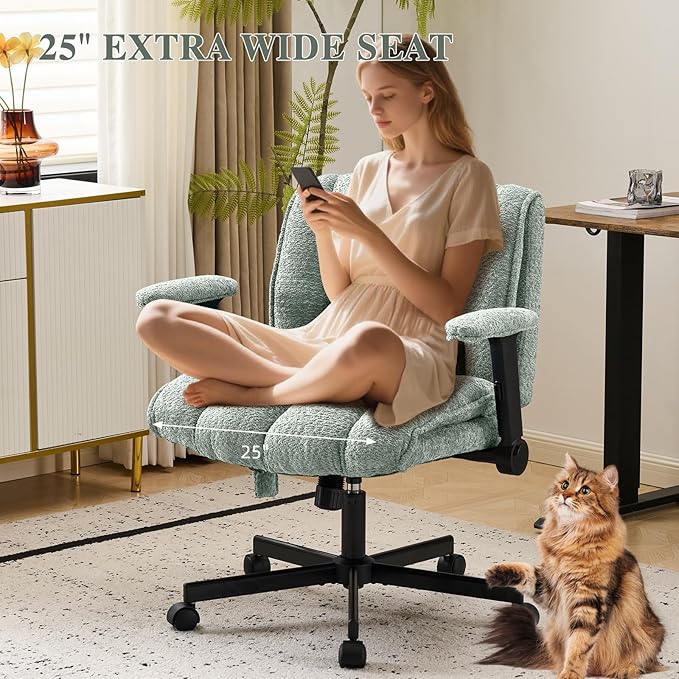Criss Cross Legged Office Chair with Flip-Up Arms and Wheels, Wide Seat Desk Chair with Built-In Dynamic Airbag Lumbar Support, Modern Cross-Leg Chair for Home Office, Apartment, Vanity, Light Green