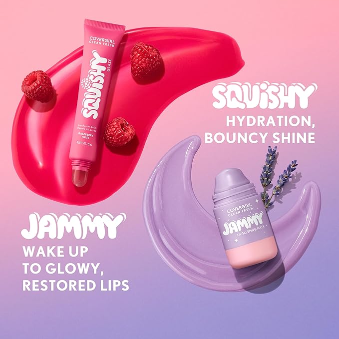 COVERGIRL Clean Fresh Squishy Glaze™ Lip Butter Balm, Flavored, Non-Sticky, with Vitamin E & Shea Butter – 100 Raspberry Twist (Sheer Fuchsia)