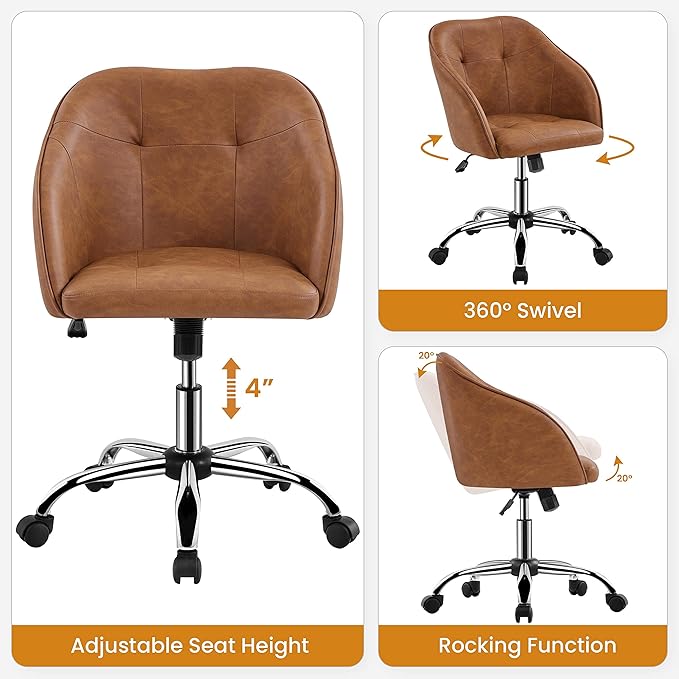 Yaheetech Home Office Desk Chair Vanity Chair with Back Small Leather Computer Chair with Swivel Wheels Modern Accent Armchair for Office Bedroom Retro Brown