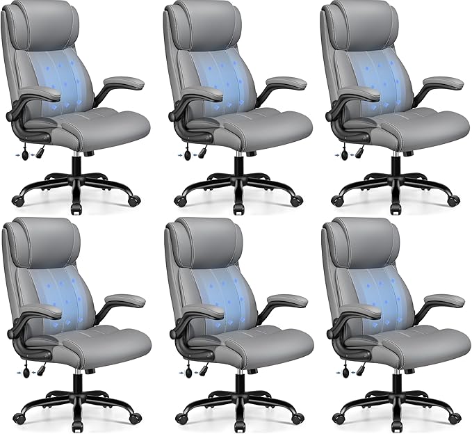 Ergonomic Office Chair - Desk Computer Chair, Leather High Back Executive Chairs with Adjustable Lumbar Support for Adults, Rolling Swivel Tilt, Gray 6 Pack