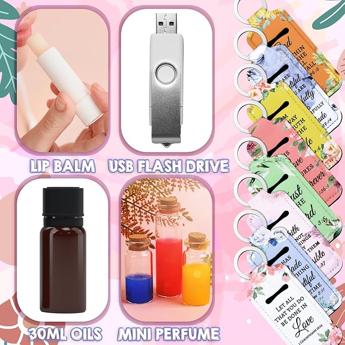 72 Pcs Christian Bible Lipstick Holder Key Chain Lip Balm Holder Gift Bulk with Metal Ring Lipstick Lip Gloss Pouch Religious Party Bible Inspiration Gift for Women Man Church(Blooming)