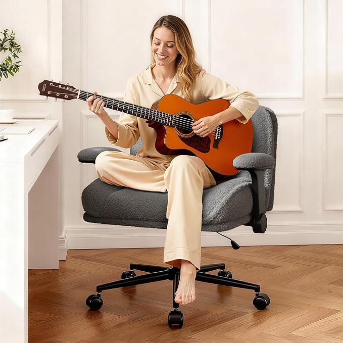 Cross Legged Office Chair with Flip-Up Arms,Oversized Criss Cross Chair with Wheels,Wide & Extra-Deep Seat Thickened for Home Office,Vanity, Bedroom,Apartment Dorms,Plush Cushion,Comfy,Grey