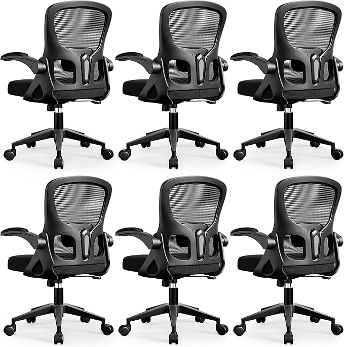 Office Chair Ergonomic Desk Chair, Adjustable Lumbar Support Rolling Swivel Comfy Chair with Space-Saving Flip Up Armrests,Mesh Gaming Chair for Business Work Office & Home, Black 6pcs