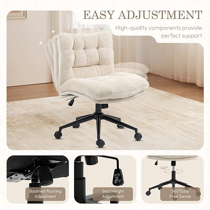Dowinx Criss Cross Chair with Wheels, Dual-Layer Thickened Cushion, Premium Fabric Morden Home Vanity Chair Wide Seat, Ivory Beige