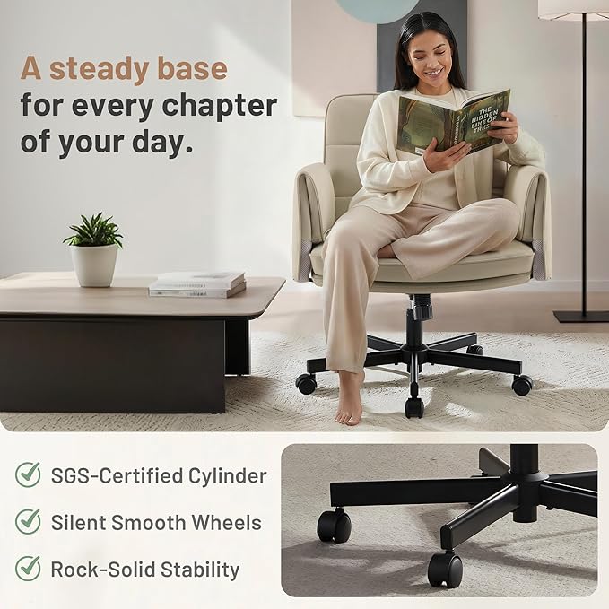 Criss Cross Chair with Wheels - PU Leather Comfy Wide Seat Criss Cross Desk Office Chair with Armrests - Comfortable Swivel Rolling Tilting Vanity Chair with Back for Home Office Makeup Bedroom