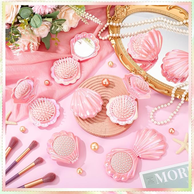 Meanplan 12 Pcs Mermaid Party Favors Shell Hair Brush with Mirror Foldable Mini Travel Pocket Hair Brush Compact Makeup Comb for Women Girls Valentines Day Birthday Gifts(Pink)