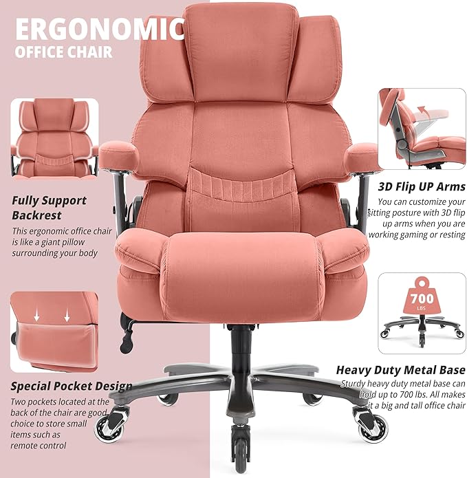 Fabric Big and Tall Office Chair 700lbs-High Back Executive Cloth Computer Chair with Adjustable Lumbar Support 3D Flip Arms Plus Size Rubber Wheels-Extra Wide Large Desk Chairs, Heavy Duty Metal Base