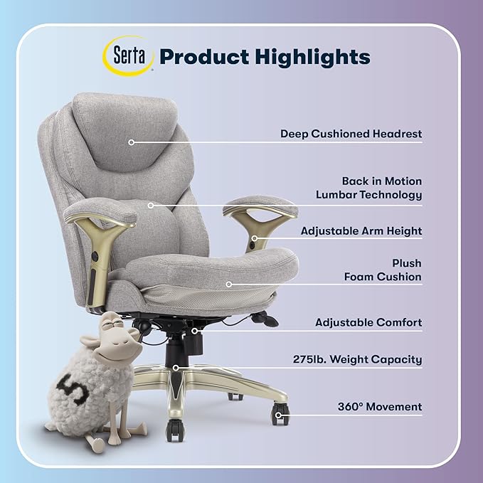 Serta Ergonomic Executive Office Chair Motion Technology Adjustable Mid Back Design with Lumbar Support, Light Gray Fabric