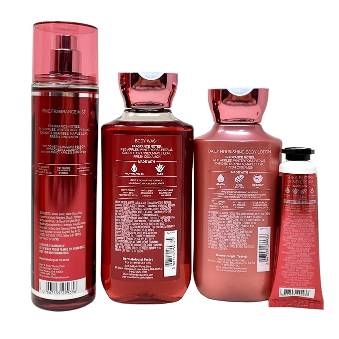Bath & Body Works Winter Candy Apple Deluxe Gift Bag Set - Fragrance Mist - Body Wash - Body Lotion and Hand Cream - with a Natural Oats Sample Soap