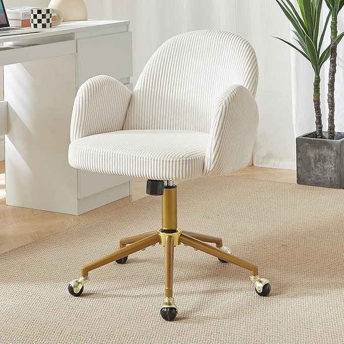 Home Office Chair with Petal Backrest, Corduroy Upholstered Desk Chair with Adjustable Swivel Wheels, Ergonomic Chairs for Living Room, Bedroom, Office, Study, Flower Cute Girls Vanity Chair(Beige)