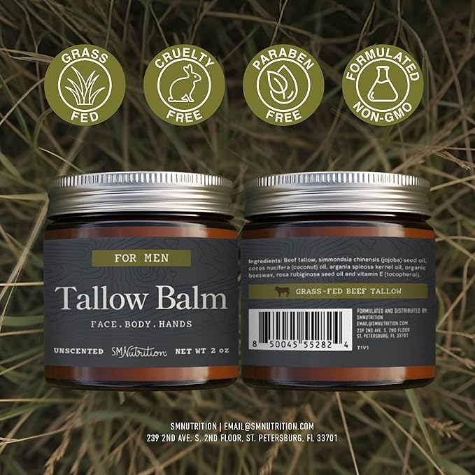Beef Tallow Balm for Men | Face & Body | Men’s Beef Tallow for Skin Health & Barrier Support | Unscented | Moisturizing Face, Body & Hands Balm with Organic Beeswax | Grass-Fed & Cruelty-Free | 2 oz