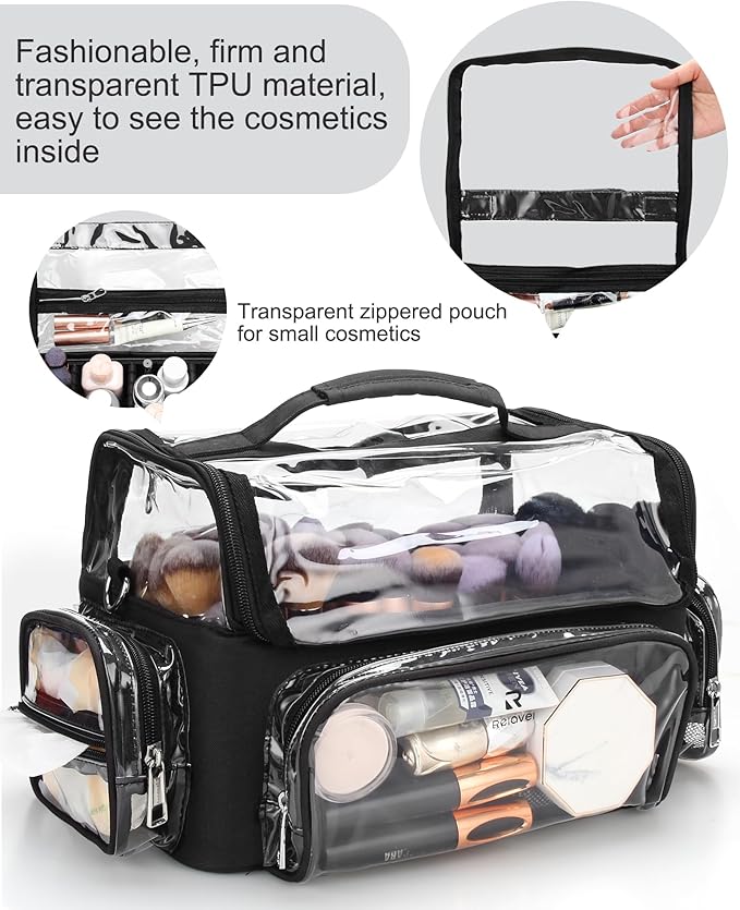 Makeup Brush Case With 4 Mini Bags, Extra Large Makeup Brush Bag XL Professional Makeup Artist Must Haves Travel Case with Stand Up Brush Slots Cosmetic Organizer Bag,with Adjustable Strap