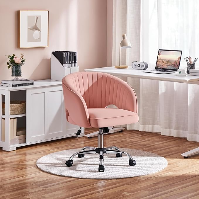 Yaheetech Pink Desk Chair Cute Vanity Chair with Back & Modern Swivel Rolling Design for Home Office, Study, Vanity, Bedroom