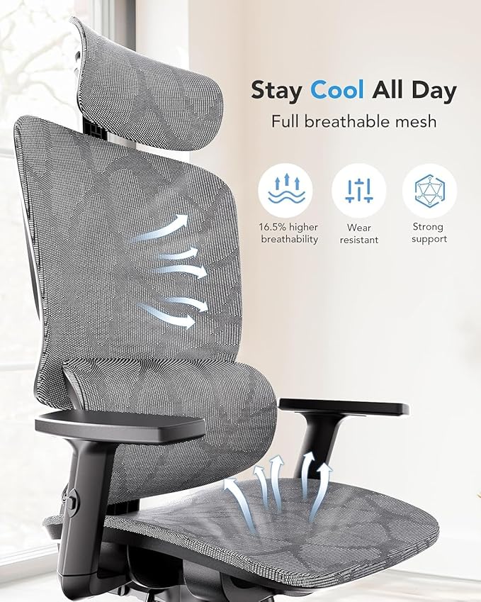HUANUO Ergonomic Mesh Office Chair with 5-Level Lumbar Support, Computer Gaming Chair with Adjustable Headrest & Armrests, Rocking Tilt, Comfortable High Back Desk Chair for Home Office,6 Pack