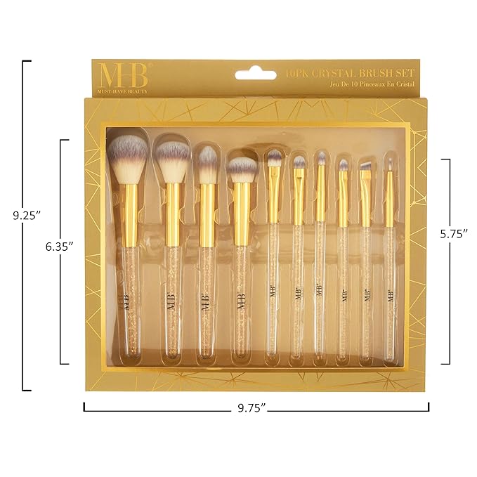 10pc Pro Makeup Brush Set w/Sparkling Gemstones in Gold - 10 Quality Soft Bristle Makeup Brushes For Everyday Use - Professional Makeup Brushes & Tools