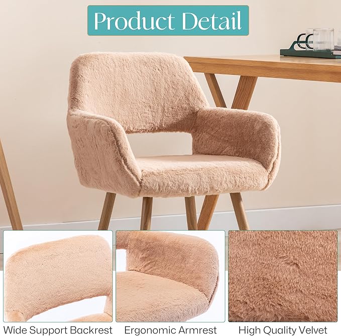 Home Office Faux Fur Desk Chair, Fluffy Makeup Vanity Chair, Comfy Accent Armchair with Wood Grain Metal Legs, Cute Dining Chair with Hollowed Back, Camel