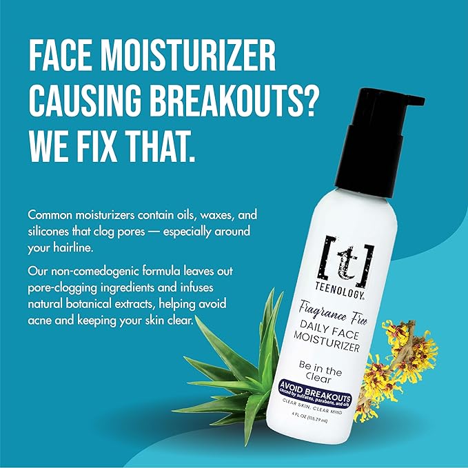 Teenology Face Moisturizer for Teens, Avoid Acne Breakouts, Sulfate & Paraben Free, with Natural Botanical Extracts - Daily Skin Care Cream for Clear & Healthy Skin, 4 oz - (Fragrance Free)