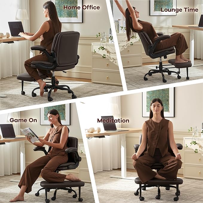 AreShark Cross Legged Office Chair,ADHD Criss Cross Desk Chair with Wheels & Stretchable Rotating Footrest,Height Adjustable Wide Yoga Kneeling Meditation Chair with Flip-up Armrests Back Support