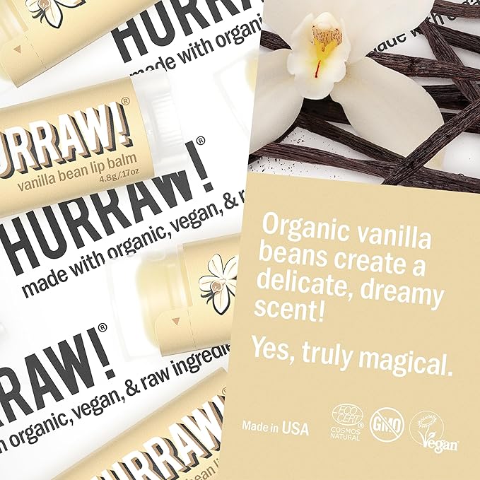 Hurraw! Vanilla Bean Lip Balm: Organic, Certified Vegan, Cruelty and Gluten Free. Non-GMO, 100% Natural Ingredients. Bee, Shea, Soy and Palm Free. Made in USA