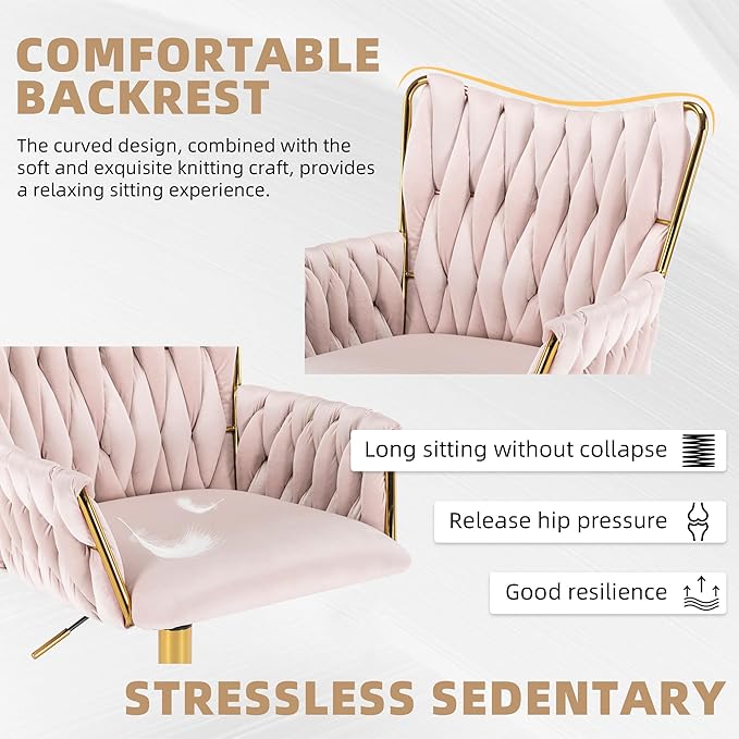 Westice Velvet Desk Chair, Home Office Gold Comfy Chair with Hand Woven Back, Height Adjustable Swivel Chair with Comfy Upholster for Makeup Vanity Living Room Bedroom, Light Pink