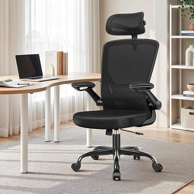 Office Chair Ergonomic Desk Chair, Breathable Mesh Office Chairs with Adjustable Lumbar Support, Flip-Up Arms, Computer Desk Chair Comfy for Home Office, Black
