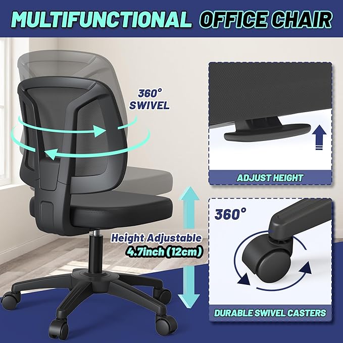 Armless Office Desk Chair No Arms with Back Support Rolling Wheels for Home Study Work