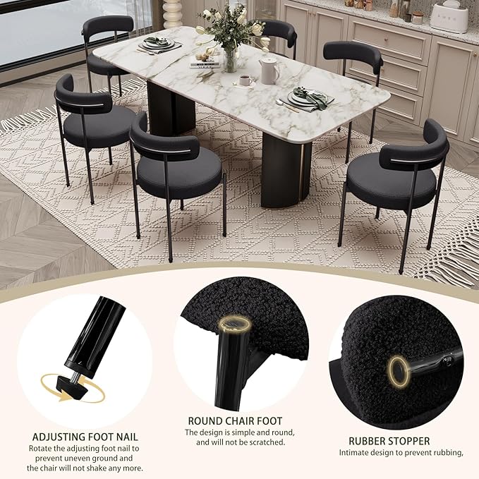 Boucle Dining Chairs Set of 2 Teddy Upholstered Dining Room Chairs Kitchen Chairs with Metal Legs Mid Century Modern Chair for Dining Room, Kitchen (Black Frame+Black, 2)