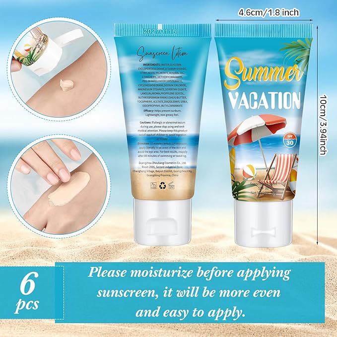 6 Pcs Mini Tinted Sunscreen Bulk for Summer Vacation Party Spf 30 Water Resistant Sunscreen Lotion Bulk 1 oz Travel Size for Thank You Gifts Summer Vacation Party Supplies