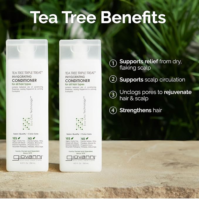 GIOVANNI Tea Tree Triple Treat Invigorating Conditioner - Cooling Peppermint, Eucalyptus, Rosemary, Helps Dry Flaking Scalp, Paraben Free, Helps to Moisturize, Smooth & Detangle- 8.5 oz (1 Pack)