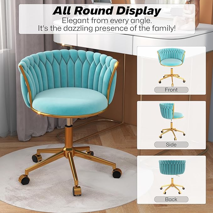Velvet Woven Home Office Chair, Modern Swivel Desk Chair with Wheels, Height Adjustable Vanity Chair with Gold Metal Base and Hand Weaving Back for Bedroom Study Small Space, Cyan
