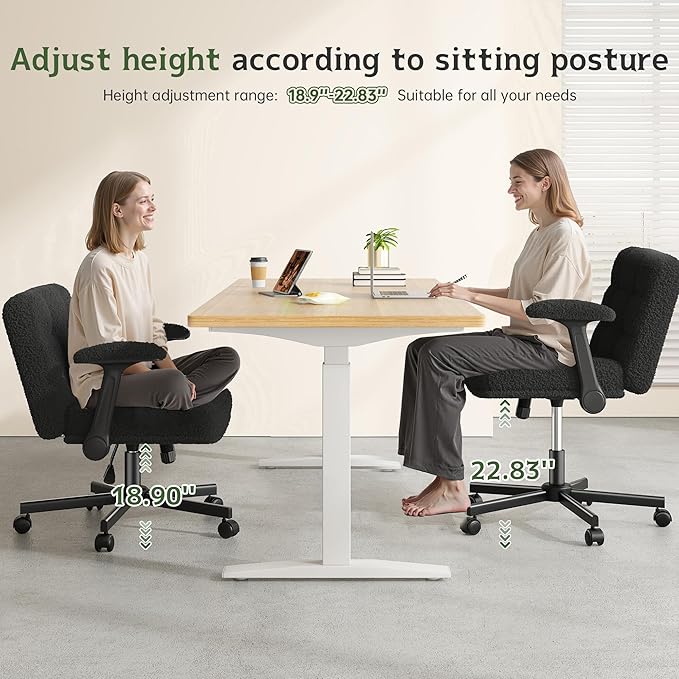 Criss Cross Chair with Wheels, Cross Legged Office Chair with Flip-up Armrests, Wide Desk Chair for Bedroom, Home Office, Apartment, Plush Fabric, Black