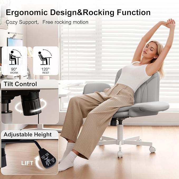Misolant Criss Cross Chair with Armrests & Wheels for Cross-Legged Sitting, Comfortable PU Leather Vanity Chair, Office Desk Chairs with Adjustable Rocking Function, for Home, Bedroom Gray