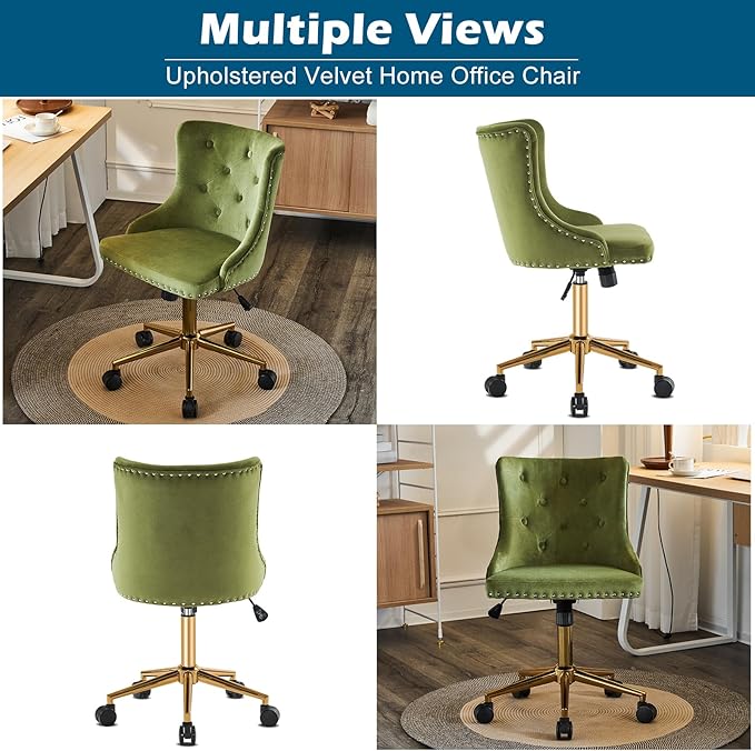 VINGLI Olive Green Velvet Armless Office Desk Chair with Gold Base/Wheels, Small Cute Vanity/Makeup Chair with Back for Bedroom, Upholstered Adjustable Rolling Swivel Nail Chair for Women/Girls