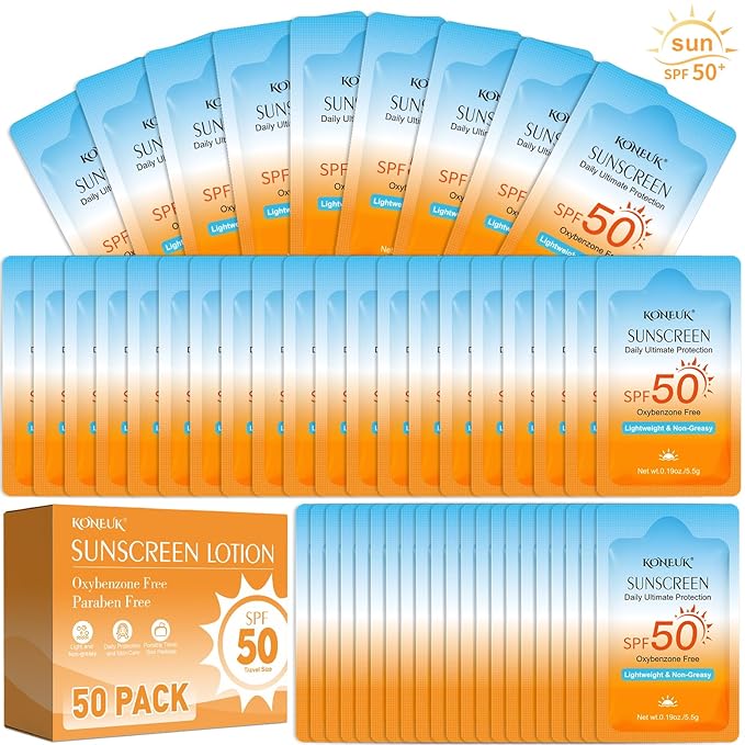 50 Pack Bulk Travel Size Sunscreen for Face and Body, SPF 50 Sunscreen Lotion, Lightweight and Non-Greasy, Mini Size for Summer Travel, Outdoor Activities, 0.19 OZ/Pack